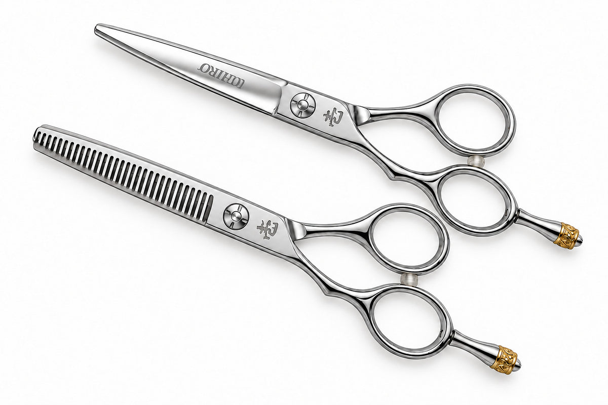 Ichiro Crown left-handed cutting scissor and thinning scissor arranged diagonally on white
