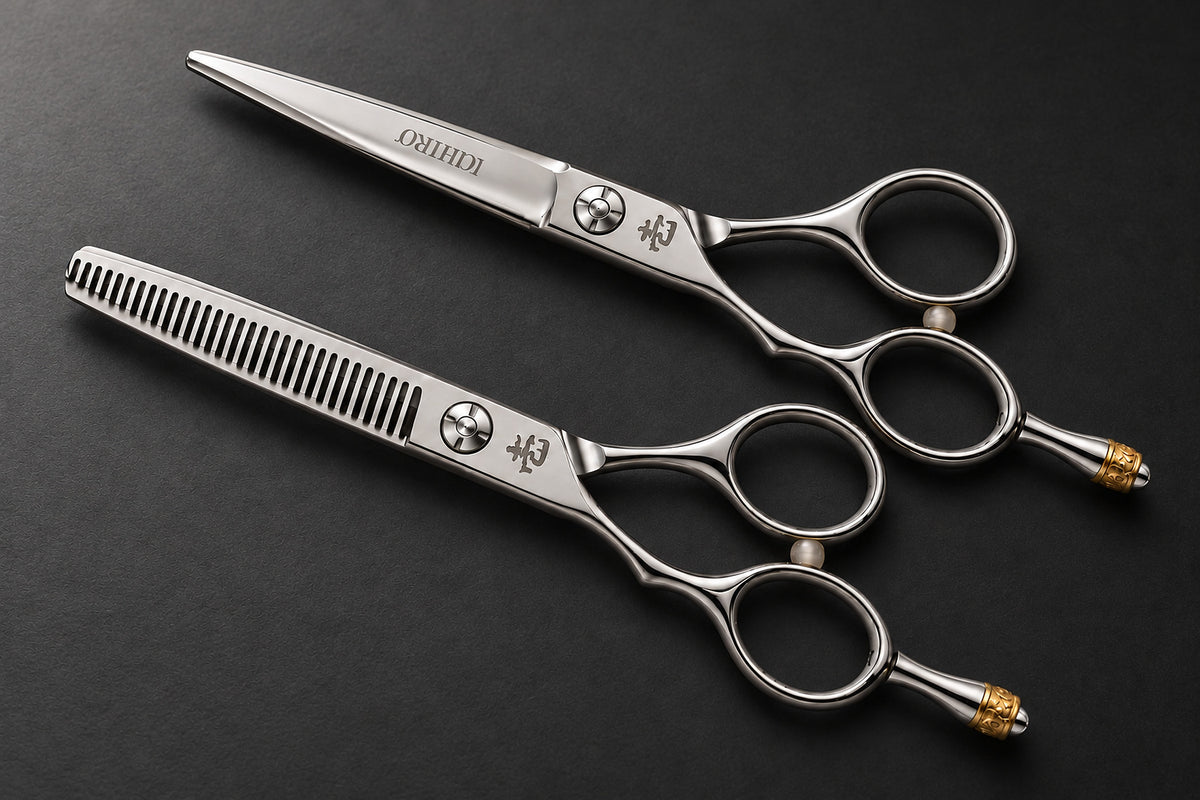 Ichiro Crown left-handed cutting and thinning scissors on a matte charcoal surface