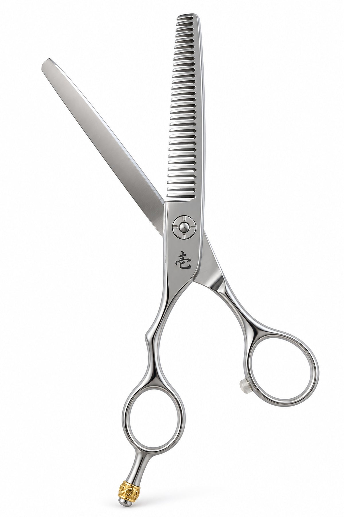 Ichiro Crown left-handed texturising scissors opened to show V-shaped teeth against the plain blade