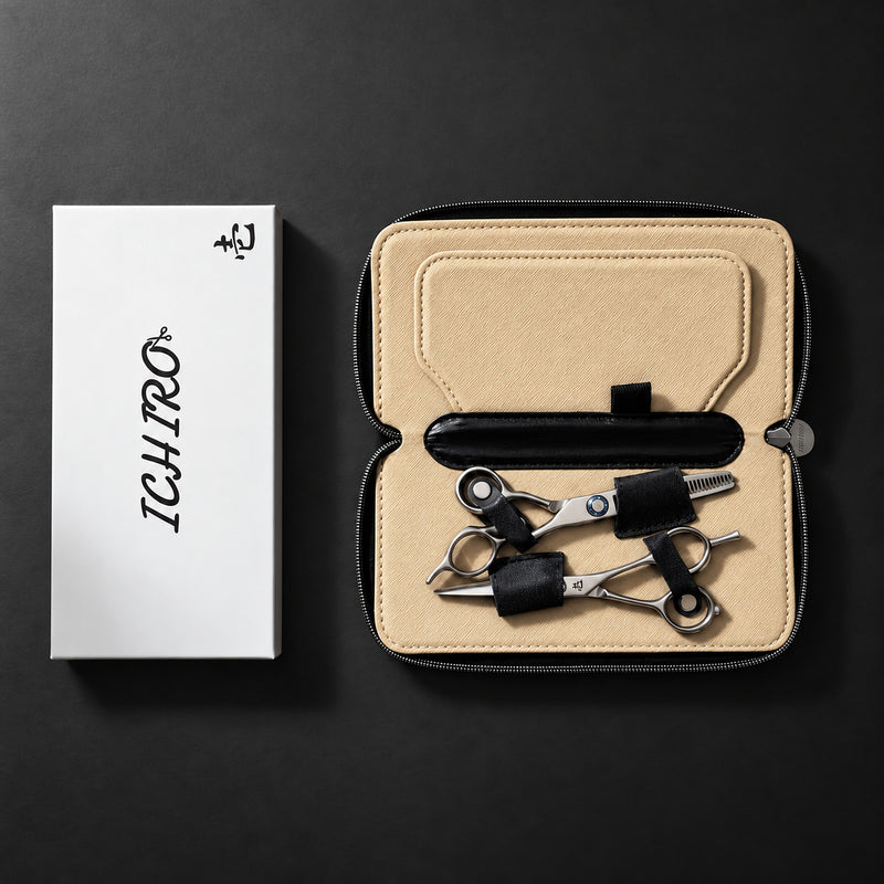 Ichiro cutting and thinning scissors held in the travel case with an Ichiro box, sold separately (SKU: ICH-CASE-TRV)
